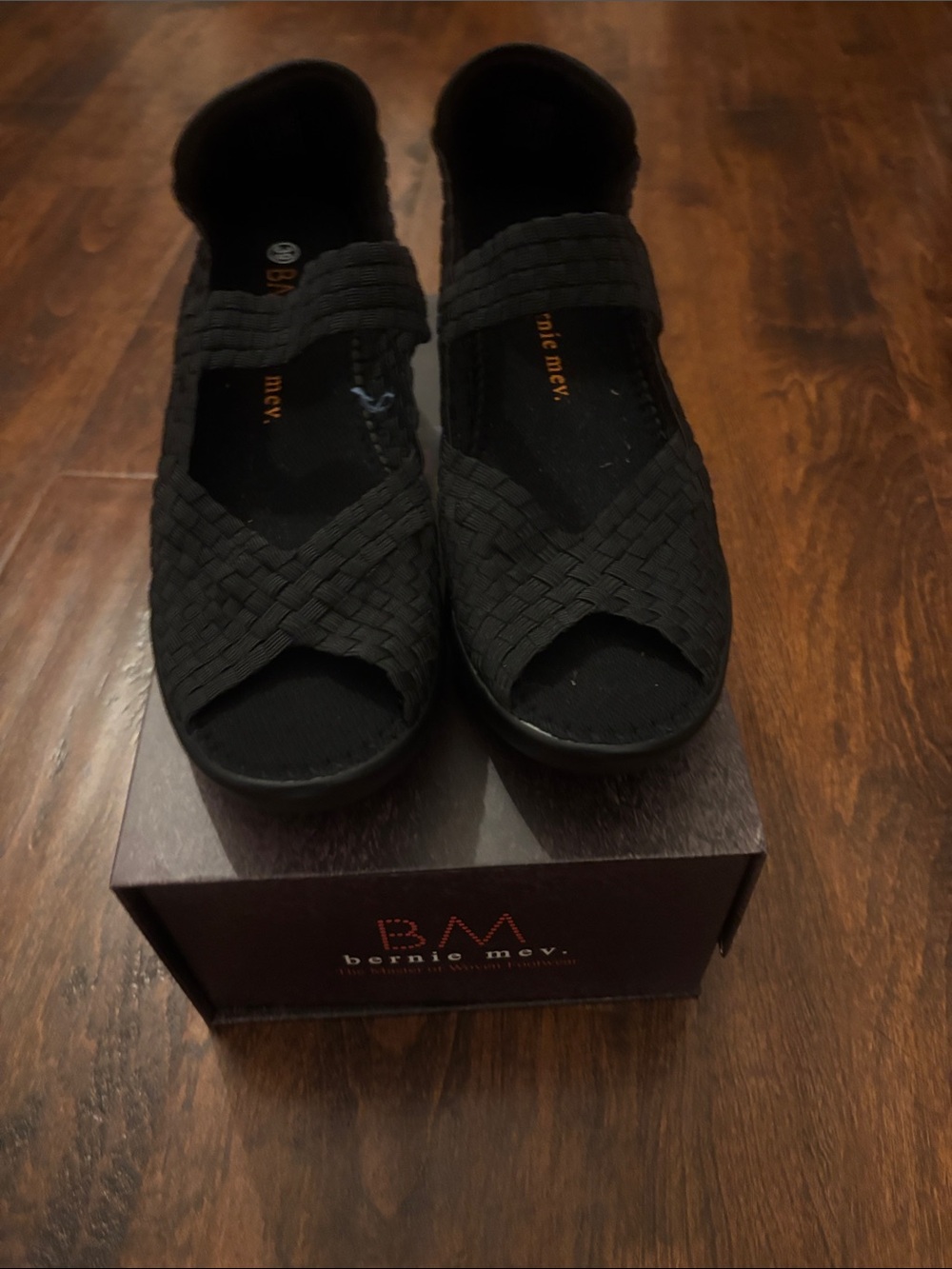 bernie mev. Black Woven Peep-Toe Slip-On Mules